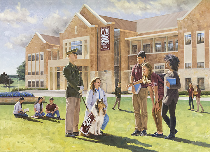 Painting of Front of VBEC with students, doctor and Reveille